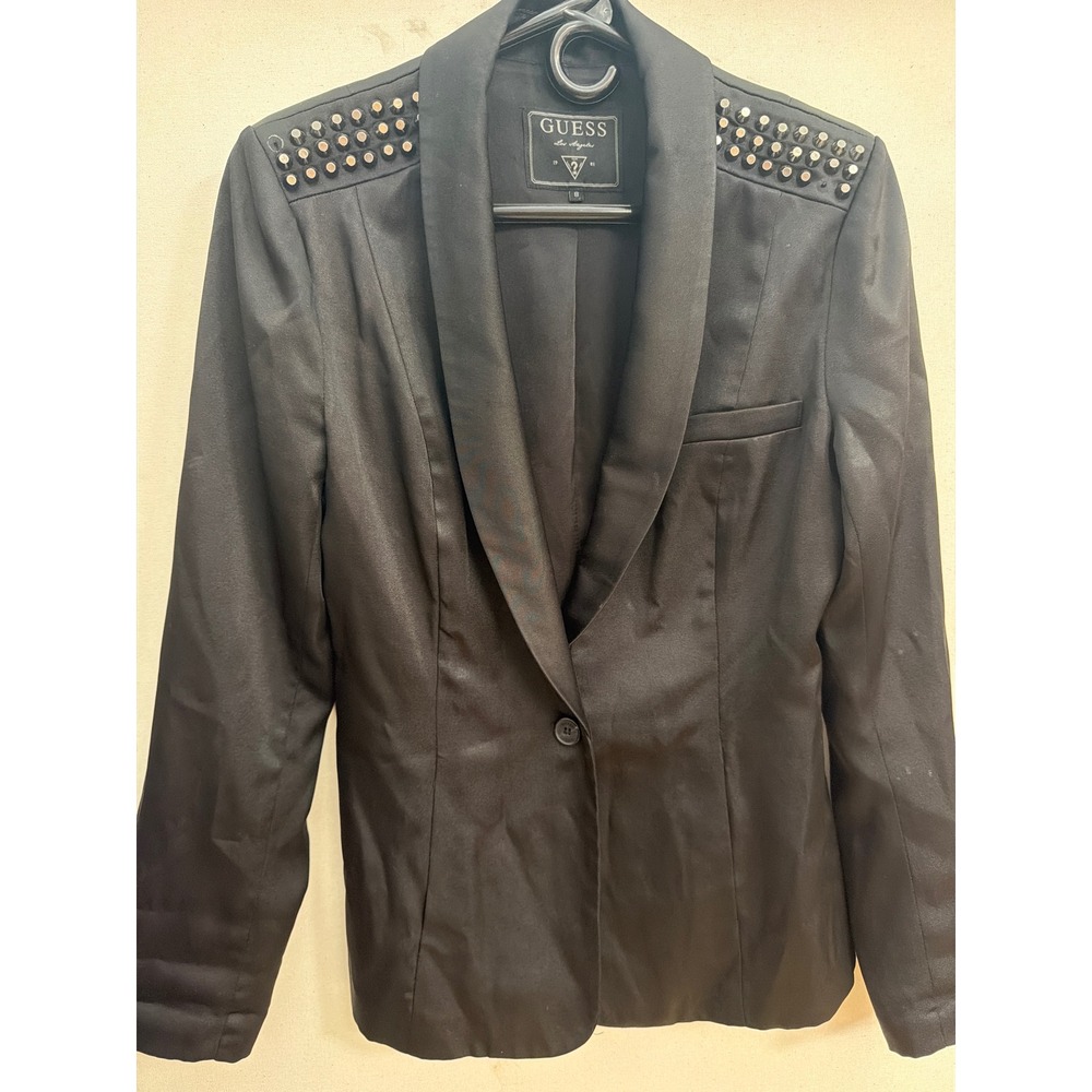 GUESS Los Angeles Black Satin Studded Shoulder Blazer Jacket Size 8